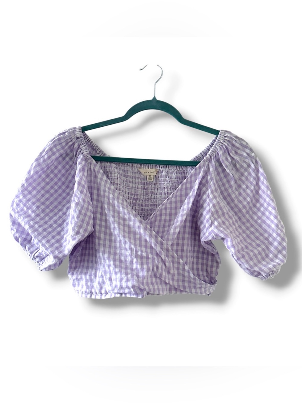 Sim & Sam Lilac Gingham Puff-Sleeve Crop Top Women’s Size Medium Cottage Garden